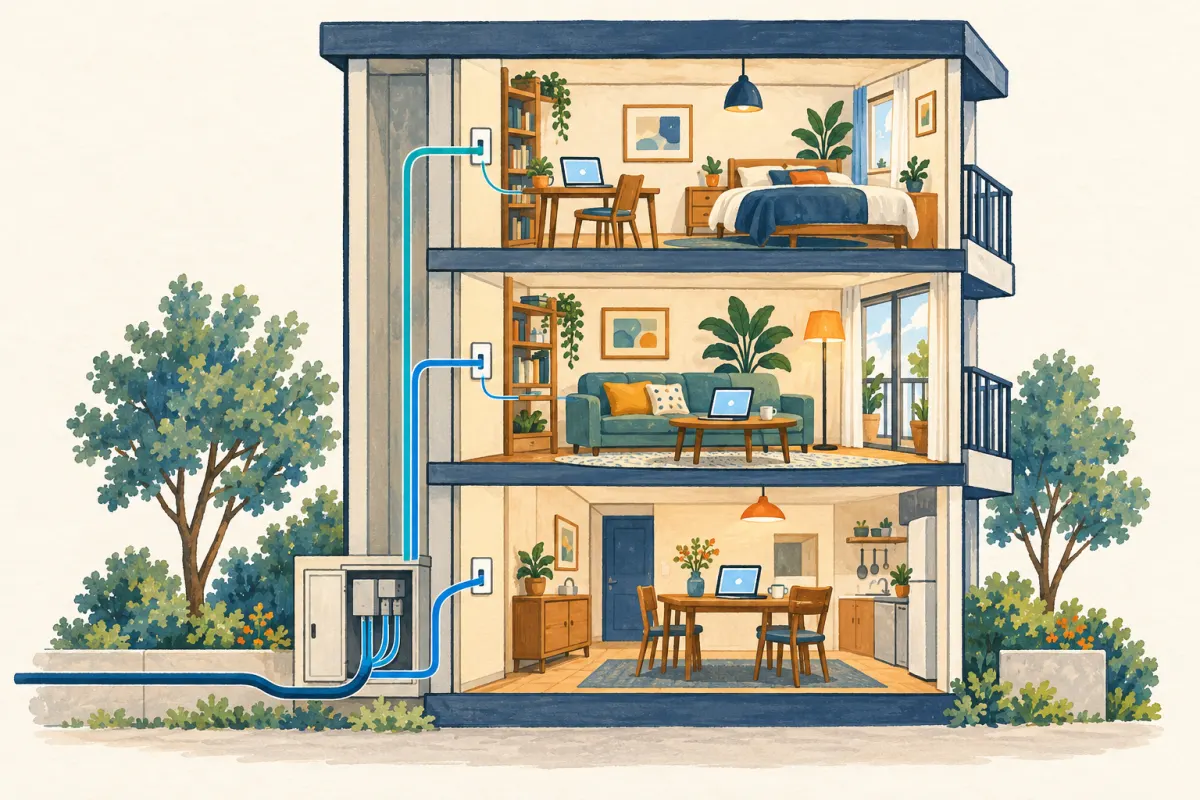 マンションの下にある設備から、それぞれの部屋へ配線が分かれているイラスト