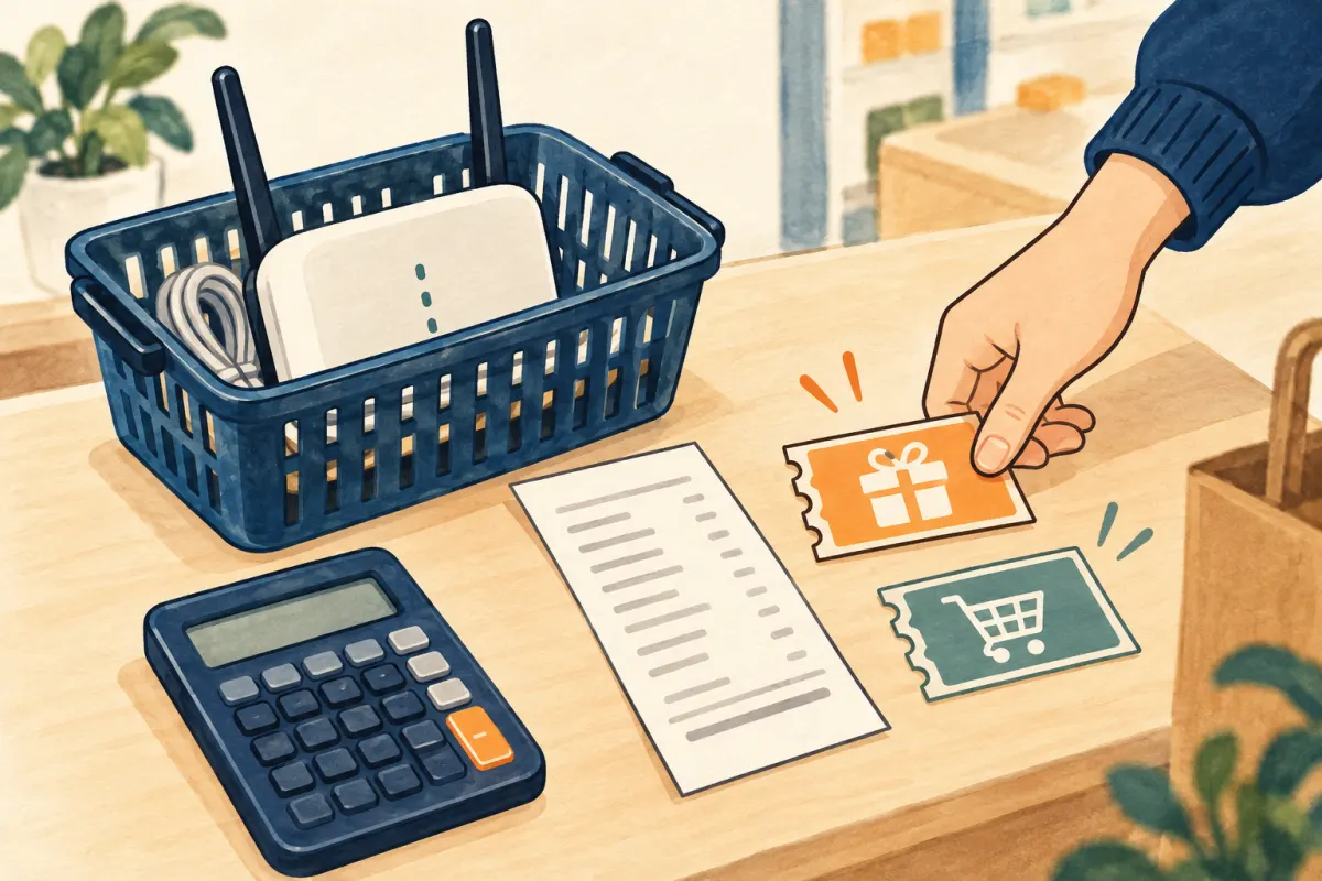 ルーターを入れた買い物かごとレシート、電卓、割引券を並べたイラスト