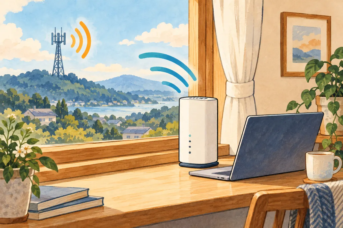 窓辺のホームルーターとパソコンが、屋外の基地局から電波を受けるイラスト