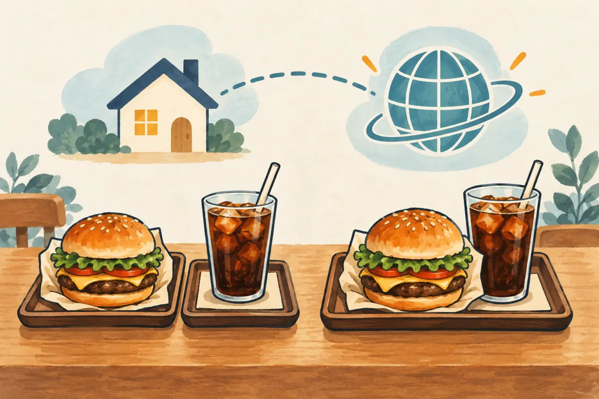 ハンバーガーと飲み物を別々のトレーに載せた注文と、一つにまとめたセット注文