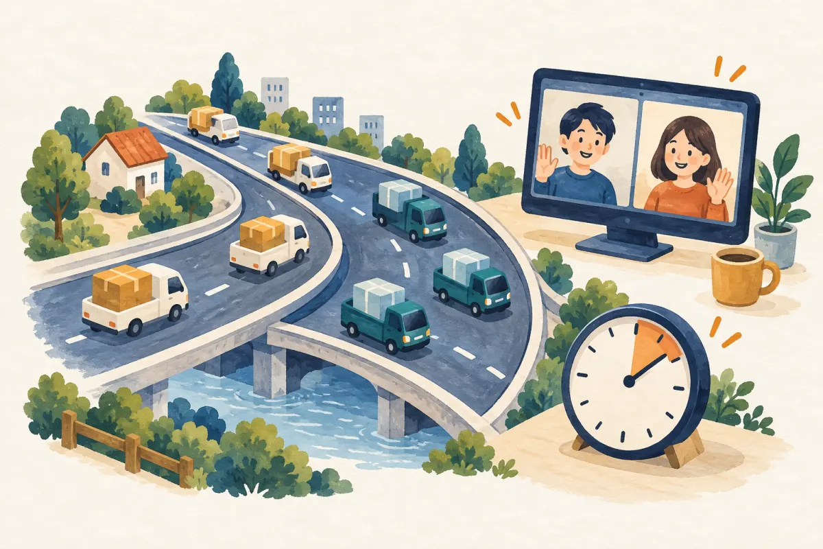 荷物を運ぶ車が走る道路と時計、ビデオ通話をするパソコンを描いたイラスト