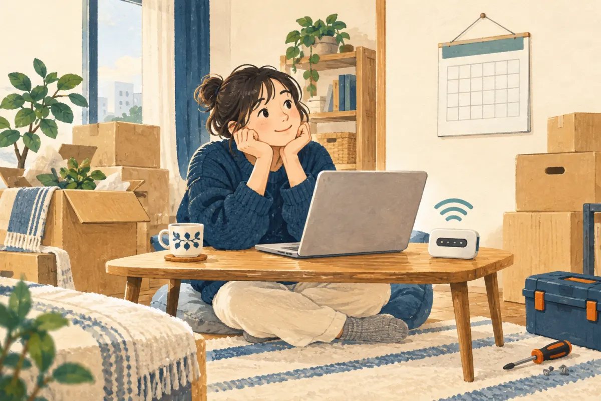 引っ越しの段ボールがある部屋で、パソコンと小型Wi-Fi機器を使うイラスト