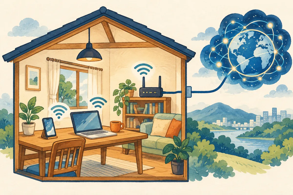 家の中のスマホとパソコン、Wi-Fiルーター、家の外へ続く回線を描いたイラスト